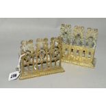 A PAIR OF VICTORIAN BRASS GOTHIC REVIVAL LETTER RACKS, architectural fronts, rectangular bases,