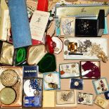 A BOX OF COSTUME JEWELLERY to include imitation pearl necklaces, paste bracelets, wristwatches, a