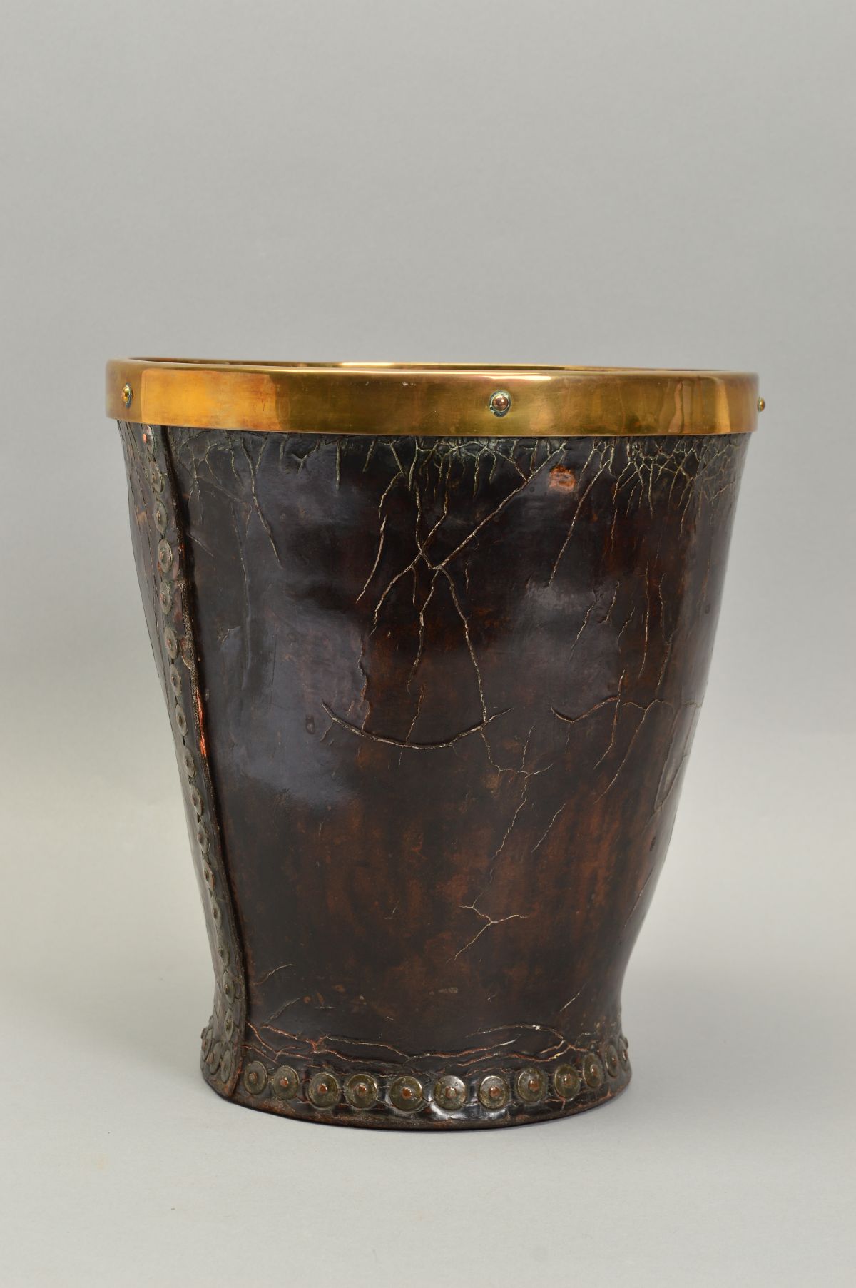 A LEATHER STUD CLOSED AND BRASS BOUND FIRE BUCKET, of tapered form, no handle, height - Image 2 of 5