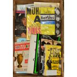 A BOX OF VARIOUS BOOKS, programmes, magazines etc, relating to boxing (Muhammad Ali), Beatles,