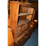 A PINE CHEST OF TWO SHORT AND THREE LONG DRAWERS, together with an oak open bookcase and an oak