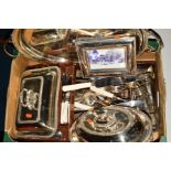 TWO SILVER PLATED ENTREE DISHES AND COVERS, a twin handled tray, EPNS rat tail pattern cutlery,
