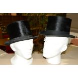 TWO GENTS BLACK TOP HATS, one marked 'Special Make', approximate size 53cm, the other marked '