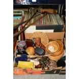 TWO BOXES AND LOOSE SUNDRY ITEMS, to include wooden animals, records, three golf clubs ('Ben Sayer