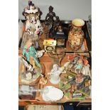 TWO BOXES OF CERAMICS AND GLASS, etc to include Capo di Monte figures of a tramp sitting on a bench,
