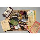 A BOX OF COLLECTABLES to include bank notes, ration books, maps, ink bottles, pens, tins, watches,