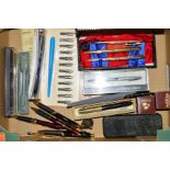 A BOX OF ASSORTED BALL PENS AND FOUNTAIN PENS, etc including Parker and Sheaffer, etc