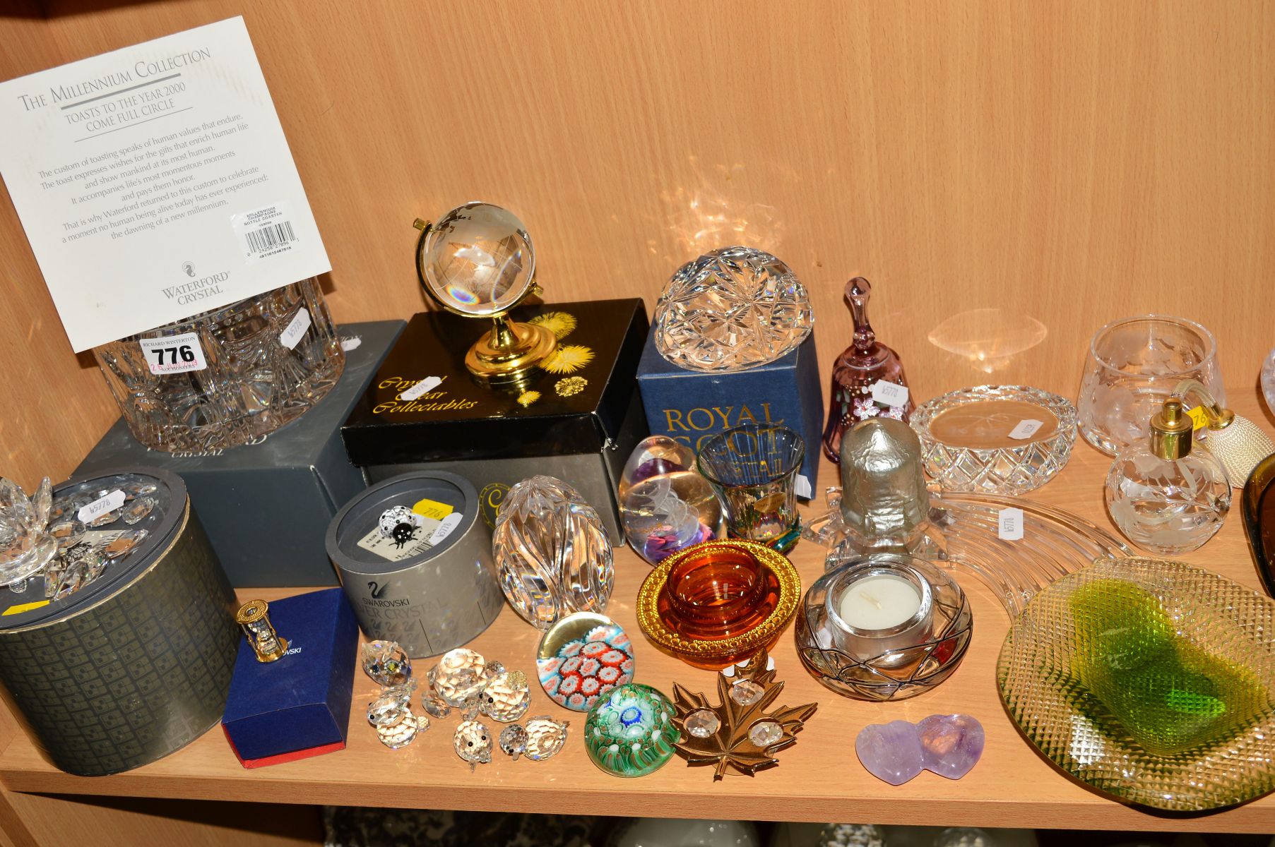 A GROUP OF GLASSWARE etc to include boxed Waterford crystal champagne bottle coaster from The