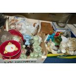 THREE BOXES AND LOOSE CERAMICS, GLASS, PYREX ETC, to include Spode 'Flemish Green' coffeewares, a