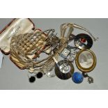 A SMALL QUANTITY OF COSTUME JEWELLERY, including silver items