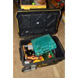 A ROLLING TROLLEY containing very large sds, core and breaker bits including a Dewalt 52mm four