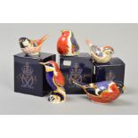 FIVE ROYAL CROWN DERBY PAPERWEIGHTS, 'Robin' (gold stopper and boxed), 'Coal Tit' (gold stopper