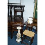 AN EDWARDIAN EBONISED OCCASIONAL TABLE (sd), another occasional table, a ceramic bowl and stand,