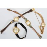 FOUR EARLY TO MID 20TH CENTURY LADIES WRISTWATCHES to include a 1930's watch with 9ct gold head,