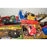 SIX TRAYS OF AUTOMOTIVE AND WORKSHOP TOOLS including battery boosters, chargers, sprayers, spray