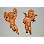 TWO LATE 19TH CENTURY CARVED WOOD MUSICIAN ANGELS, one with mandolin, the other with cymbals (