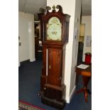 A GEORGE III OAK, MAHOGANY BANDED AND SATINWOOD INLAID 8 DAY LONGCASE CLOCK, the hood with swan neck