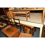 A LARGE 19TH CENTURY PAINTED PITCH PINE TABLE, later cream formica top and metal banding, two