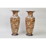 A PAIR DOULTON SLATERS PATENT STONEWARE VASES, floral decoration, impressed backstamps and painted
