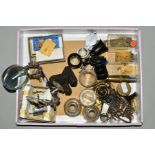 A SMALL QUANTITY OF CLOCK PARTS, various eyeglasses and a table top magnifying glass with clamps,