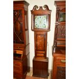 A GEORGE III OAK AND MAHOGANY BANDED 30 HOUR LONGCASE CLOCK, swan neck pediment, flanked by turned