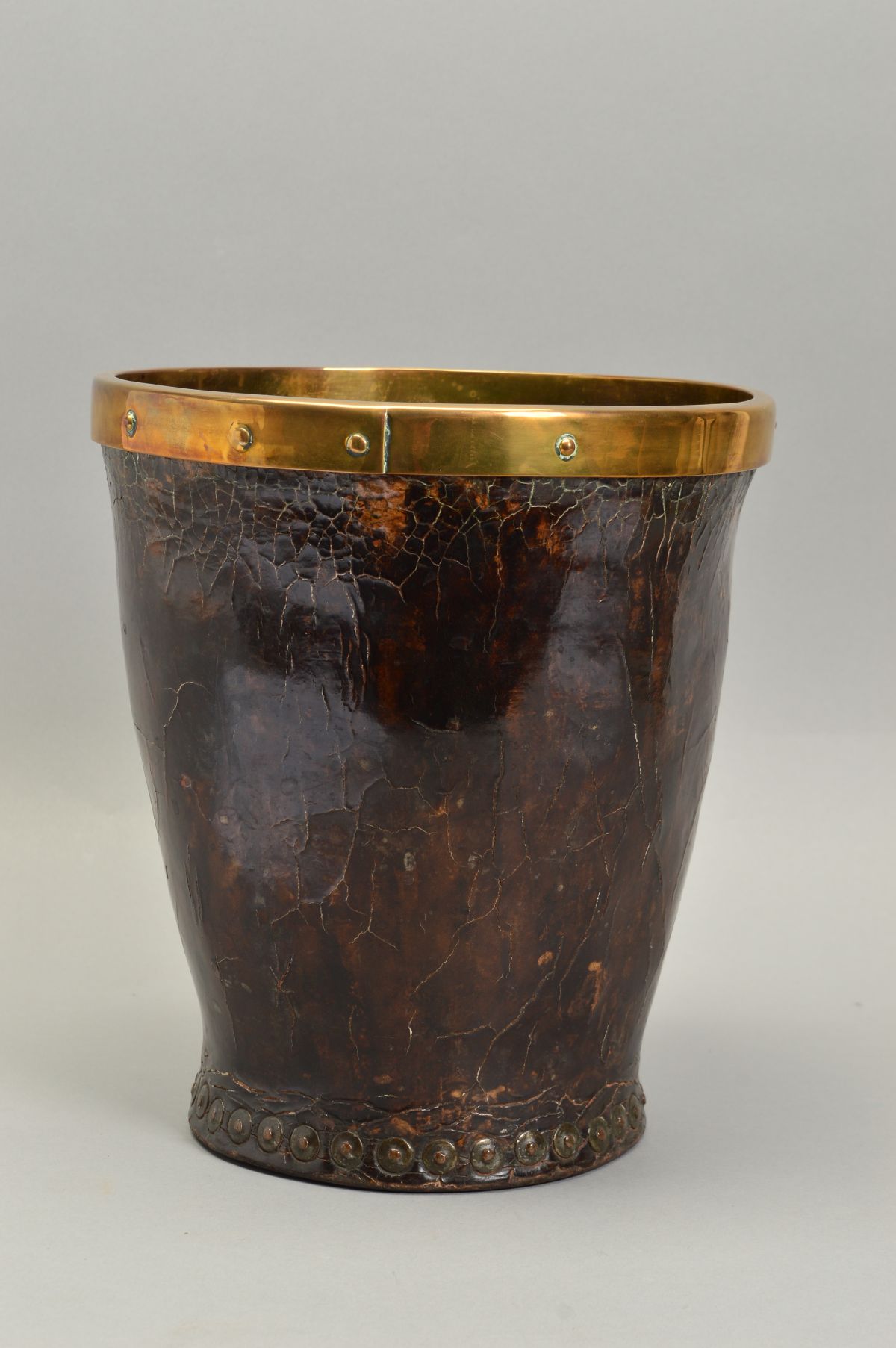 A LEATHER STUD CLOSED AND BRASS BOUND FIRE BUCKET, of tapered form, no handle, height - Image 3 of 5