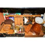 TWO BOXES AND LOOSE SUNDRY ITEMS, to include brasswares (horse brasses), clocks, oil lamp, work