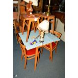 A 1950'S/60'S BLUE FORMICA TOPPED DROP LEAF TABLE on a beech frame, two matching chairs and a pair