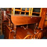 A VICTORIAN MAHOGANY DROP LEAF DINING TABLE with two drawers opposing on turned legs, width 122cm