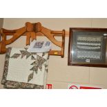 AN AMISH STYLE QUILT AND WOODEN WALL HANGING FRAME together with three framed lace samples,