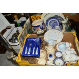 THREE BOXES OF CERAMICS, GLASS, SUNDRIES ETC, to include protector lamp, voltmeter, child's