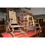 AN EDWARDIAN MAHOGANY AMERICAN ROCKING CHAIR, together with an oak fireside chair and kitchen chair,