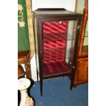 AN EDWARDIAN STAINED PINE SINGLE DOOR DISPLAY CABINET, width 63cm x depth 46cm x height 139cm
