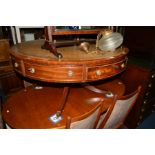 A BEVAN FUNNEL REPRODUX MAHOGANY CIRCULAR DRUM TABLE, brown tooled leather inlay top, four