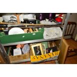 THREE BOXES AND LOOSE SUNDRY ITEMS, to include walking/shooting sticks, a pair of table lamps,