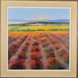 MIGUEL TORRES (SPANISH CONTEMPORARY) 'FIELDS OF ORANGE I', a Spanish landscape with distant village,