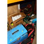THREE TOOLBOXES, a tool bag and a tray of various handtools, hardware and fittings to include a