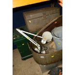 A VINTAGE WOODEN TOOLBOX WITH METAL BANDING, two small metal trunks, a large metal fish kettle,