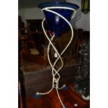 A WROUGHT IRON FRAMED PLANTER with a blue glazed bowl, height 100cm
