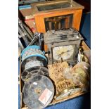 A SET OF OERTLING BALANCE SCALES, together with a box of various clock parts, cases, metal chains