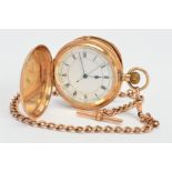 AN EARLY 20TH CENTURY 9CT GOLD POCKET WATCH AND SINGLE ALBERT CHAIN, a full hunter, white