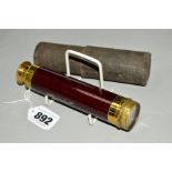 A 19TH CENTURY BRASS AND TREEN THREE DRAWER TELESCOPE, drawn length 41cm x closed length 14.5cm,