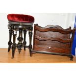 AN AESTHETIC MOVEMENT EBONISED AND GILT INLAID SWIVEL TOP PIANO STOOL, together with a mahogany