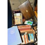A SUITCASE AND BOX OF SUNDRY ITEMS, to include pocket watch, cigarette cards, stamp albums,