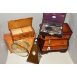 A MINIATURE TABLE TOP JEWELLERY BOX SHAPED AS A CHEST OF DRAWERS, height 25cm x width 29cm, a