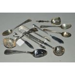A BAG OF SILVER AND PLATED FLATWARE, ETC, including a caddy spoon and two sifter spoons, approximate