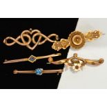 FIVE LATE 19TH TO EARLY 20TH CENTURY ASSORTED GOLD BROOCHES, various designs to include bar brooches