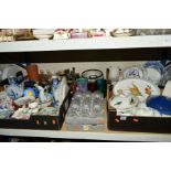 FOUR BOXES AND LOOSE CERAMICS, GLASS ETC to include boxed set of six cut glass wine glasses, Denby