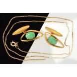 A PAIR OF JADE CUFFLINKS AND A CHAIN NECKLACE, the cufflinks designed as a central oval cabochon