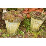 A PAIR OF OCTAGONAL ECCLESIASTICAL STONE TAPERED PLANTERS with quatrefoil design, diameter 60cm x